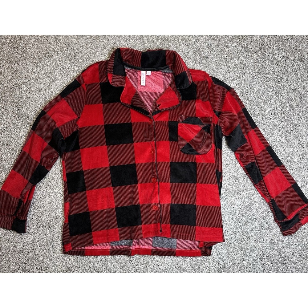 Joyspun‎ Buffalo Plaid Pajama Top Womens L 12-14 Red Black Button Front